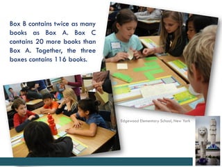 Box B contains twice as many
books as Box A. Box C
contains 20 more books than
Box A. Together, the three
boxes contains 116 books.




                               Edgewood Elementary School, New York
 