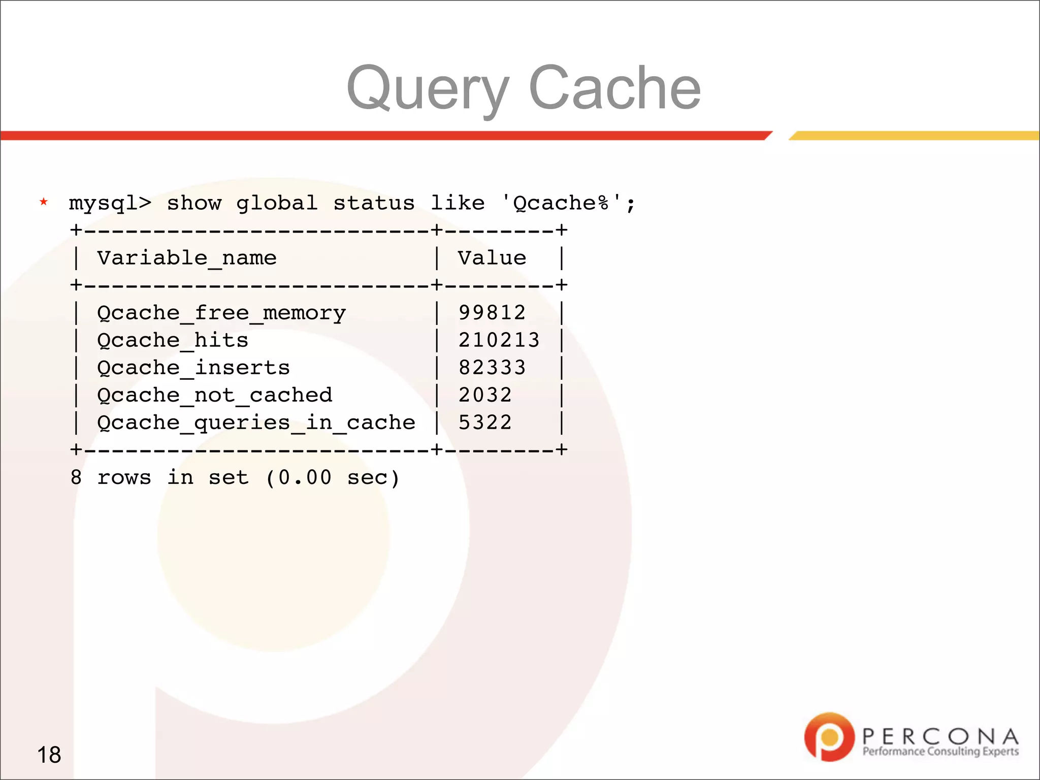 Query Cache
★    mysql> show global status like 'Qcache%';
     +-------------------------+--------+
     | Variable_name           | Value |
     +-------------------------+--------+
     | Qcache_free_memory      | 99812 |
     | Qcache_hits             | 210213 |
     | Qcache_inserts          | 82333 |
     | Qcache_not_cached       | 2032   |
     | Qcache_queries_in_cache | 5322   |
     +-------------------------+--------+
     8 rows in set (0.00 sec)




18
 