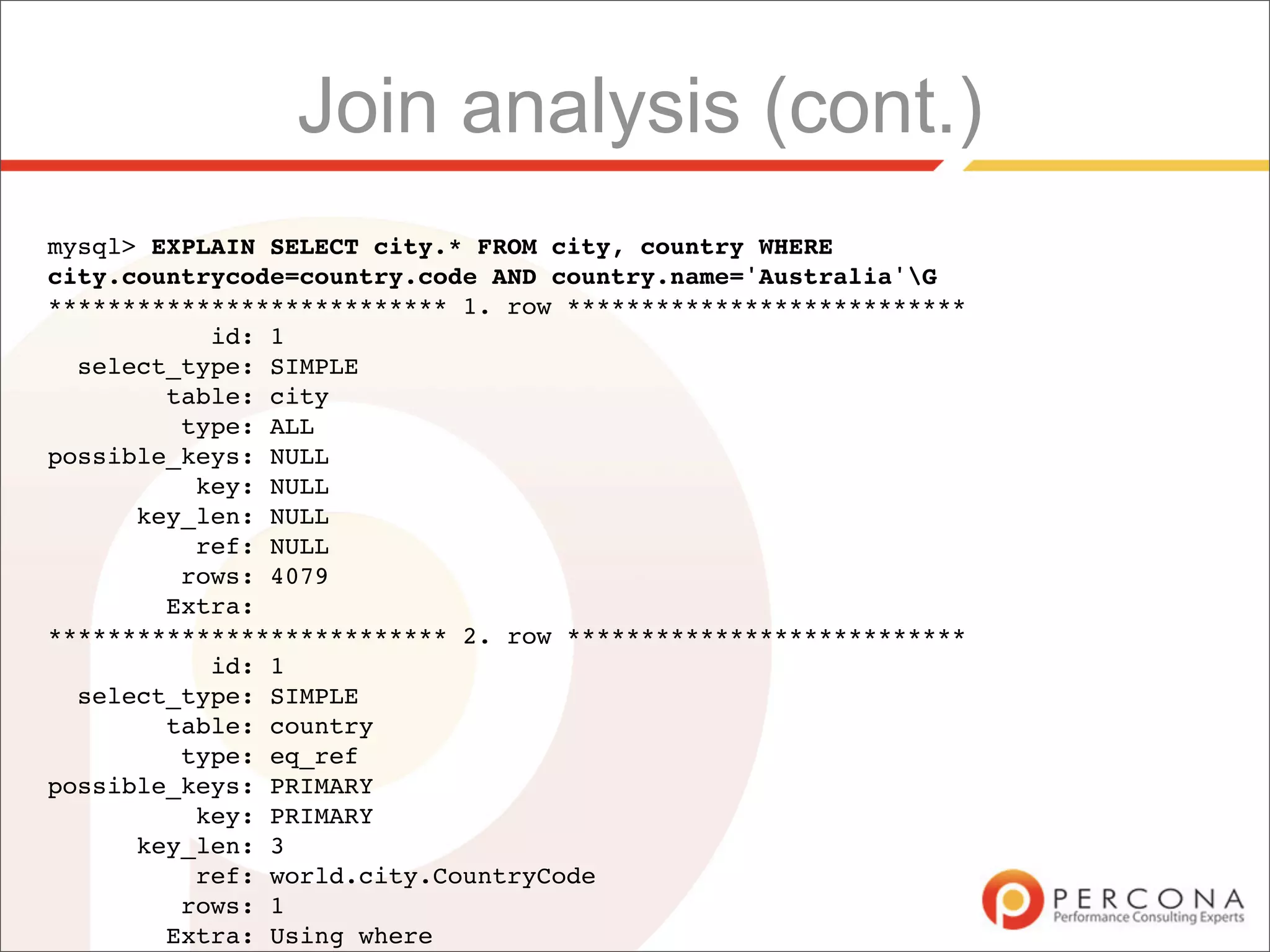 Join analysis (cont.)
mysql> EXPLAIN SELECT city.* FROM city, country WHERE
city.countrycode=country.code AND country.name='Australia'G
*************************** 1. row ***************************
           id: 1
  select_type: SIMPLE
        table: city
         type: ALL
possible_keys: NULL
          key: NULL
      key_len: NULL
          ref: NULL
         rows: 4079
        Extra:
*************************** 2. row ***************************
           id: 1
  select_type: SIMPLE
        table: country
         type: eq_ref
possible_keys: PRIMARY
          key: PRIMARY
      key_len: 3
          ref: world.city.CountryCode
         rows: 1
        Extra: Using where
 