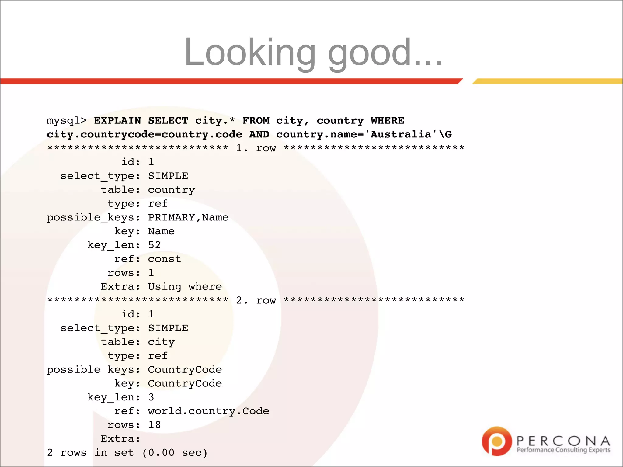 Looking good...
mysql> EXPLAIN SELECT city.* FROM city, country WHERE
city.countrycode=country.code AND country.name='Australia'G
*************************** 1. row ***************************
           id: 1
  select_type: SIMPLE
        table: country
         type: ref
possible_keys: PRIMARY,Name
          key: Name
      key_len: 52
          ref: const
         rows: 1
        Extra: Using where
*************************** 2. row ***************************
           id: 1
  select_type: SIMPLE
        table: city
         type: ref
possible_keys: CountryCode
          key: CountryCode
      key_len: 3
          ref: world.country.Code
         rows: 18
        Extra:
2 rows in set (0.00 sec)
 