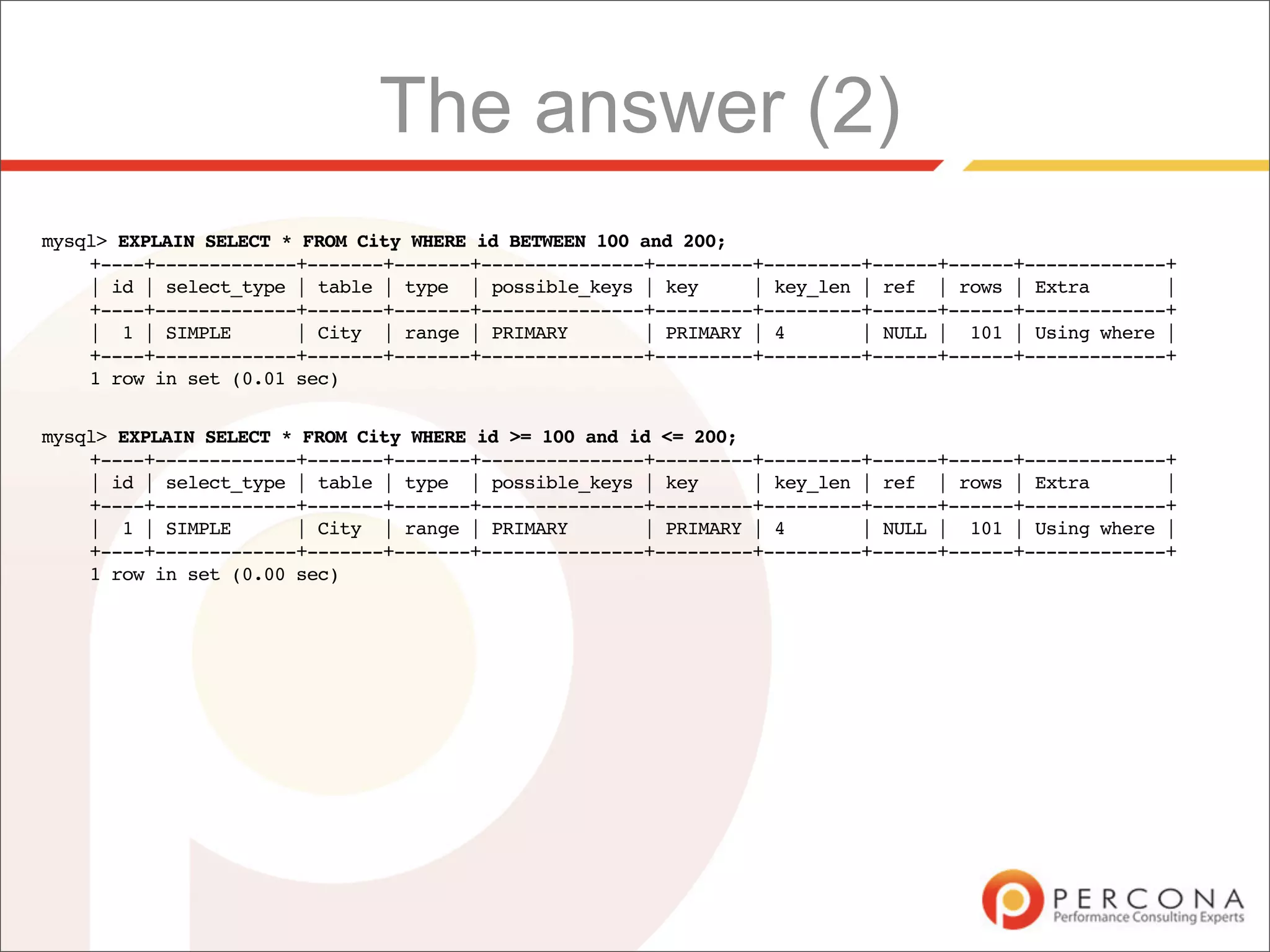 The answer (2)
mysql> EXPLAIN SELECT * FROM City WHERE id BETWEEN 100 and 200;
    +----+-------------+-------+-------+---------------+---------+---------+------+------+-------------+
    | id | select_type | table | type | possible_keys | key      | key_len | ref | rows | Extra        |
    +----+-------------+-------+-------+---------------+---------+---------+------+------+-------------+
    | 1 | SIMPLE       | City | range | PRIMARY        | PRIMARY | 4       | NULL | 101 | Using where |
    +----+-------------+-------+-------+---------------+---------+---------+------+------+-------------+
    1 row in set (0.01 sec)


mysql> EXPLAIN SELECT * FROM City WHERE id >= 100 and id <= 200;
    +----+-------------+-------+-------+---------------+---------+---------+------+------+-------------+
    | id | select_type | table | type | possible_keys | key      | key_len | ref | rows | Extra        |
    +----+-------------+-------+-------+---------------+---------+---------+------+------+-------------+
    | 1 | SIMPLE       | City | range | PRIMARY        | PRIMARY | 4       | NULL | 101 | Using where |
    +----+-------------+-------+-------+---------------+---------+---------+------+------+-------------+
    1 row in set (0.00 sec)
 