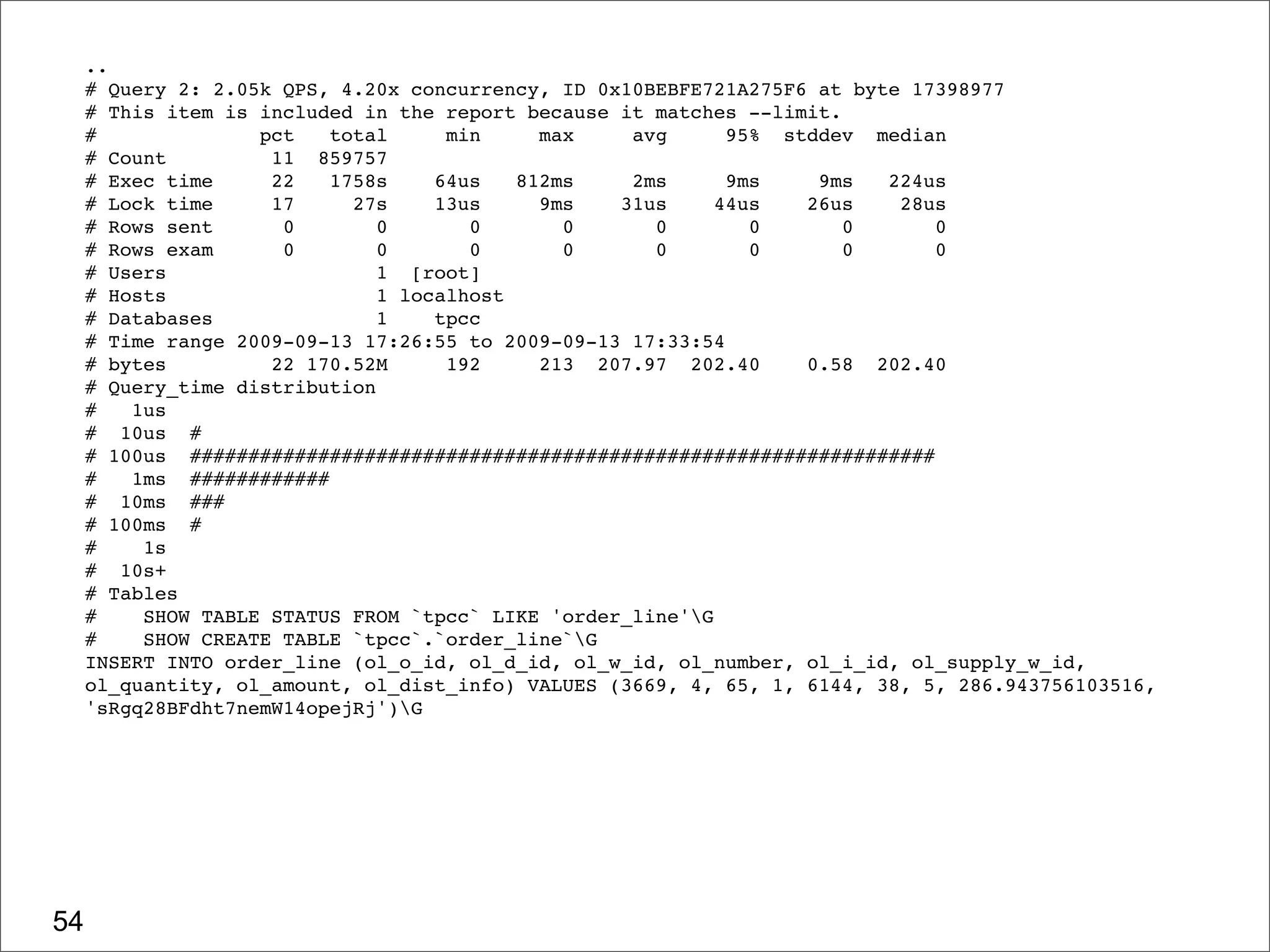 ..
     # Query 2: 2.05k QPS, 4.20x concurrency, ID 0x10BEBFE721A275F6 at byte 17398977
     # This item is included in the report because it matches --limit.
     #              pct   total      min     max    avg      95% stddev median
     # Count         11 859757
     # Exec time     22   1758s     64us   812ms    2ms      9ms    9ms   224us
     # Lock time     17     27s     13us     9ms   31us     44us   26us    28us
     # Rows sent      0        0       0       0      0        0       0      0
     # Rows exam      0        0       0       0      0        0       0      0
     # Users                   1 [root]
     # Hosts                   1 localhost
     # Databases               1    tpcc
     # Time range 2009-09-13 17:26:55 to 2009-09-13 17:33:54
     # bytes         22 170.52M      192     213 207.97 202.40     0.58 202.40
     # Query_time distribution
     #   1us
     # 10us #
     # 100us ################################################################
     #   1ms ############
     # 10ms ###
     # 100ms #
     #    1s
     # 10s+
     # Tables
     #    SHOW TABLE STATUS FROM `tpcc` LIKE 'order_line'G
     #    SHOW CREATE TABLE `tpcc`.`order_line`G
     INSERT INTO order_line (ol_o_id, ol_d_id, ol_w_id, ol_number, ol_i_id, ol_supply_w_id,
     ol_quantity, ol_amount, ol_dist_info) VALUES (3669, 4, 65, 1, 6144, 38, 5, 286.943756103516,
     'sRgq28BFdht7nemW14opejRj')G




54
 