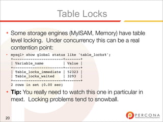 Table Locks
★    Some storage engines (MyISAM, Memory) have table
     level locking. Under concurrency this can be a real
     contention point:
★    mysql> show global status like 'table_locks%';
     +-----------------------+-------+
     | Variable_name          | Value |
     +-----------------------+-------+
     | Table_locks_immediate | 52323 |
     | Table_locks_waited     | 3293 |
     +-----------------------+-------+
     2 rows in set (0.00 sec)
★    Tip: You really need to watch this one in particular in
     mext. Locking problems tend to snowball.


20
 