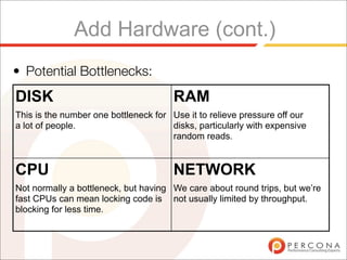 Add Hardware (cont.)
• Potential Bottlenecks:
DISK                                   RAM
This is the number one bottleneck for Use it to relieve pressure off our
a lot of people.                      disks, particularly with expensive
                                      random reads.


CPU                                    NETWORK
Not normally a bottleneck, but having We care about round trips, but we’re
fast CPUs can mean locking code is not usually limited by throughput.
blocking for less time.
 