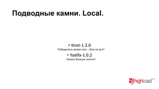 Подводные камни. Local.

• Knot-1.2.0
Победитель может все... Или не все?

• Yadifa-1.0.2
Нужно больше золота!

 