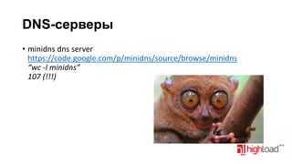 DNS-серверы
• minidns dns server
https://code.google.com/p/minidns/source/browse/minidns
“wc -l minidns”
107 (!!!)

 