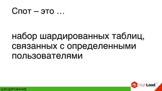 набор шардированных таблиц,
связанных с определенными
пользователями
Спот – это …
ШАРДИРОВАНИЕ
 