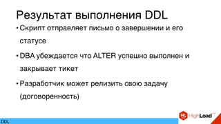 Результат выполнения DDL
• Скрипт отправляет письмо о завершении и его
статусе
• DBA убеждается что ALTER успешно выполнен и
закрывает тикет
• Разработчик может релизить свою задачу
(договоренность)
DDL
 