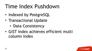 Time Index Pushdown
• Indexed by PostgreSQL
• Transactional Update
• Data Consistency
• GiST index achieves efficient multi
column index
22
 