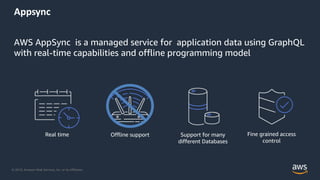 © 2019, Amazon Web Services, Inc. or its Affiliates.
Appsync
AWS AppSync is a managed service for application data using GraphQL
with real-time capabilities and offline programming model
Real time Offline support Support for many
different Databases
Fine grained access
control
 