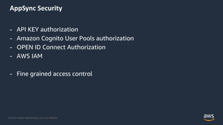 © 2019, Amazon Web Services, Inc. or its Affiliates.
AppSync Security
- API KEY authorization
- Amazon Cognito User Pools authorization
- OPEN ID Connect Authorization
- AWS IAM
- Fine grained access control
 