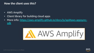 © 2019, Amazon Web Services, Inc. or its Affiliates.
How the client uses this?
• AWS Amplify
• Client library for building cloud apps
• More info: https://aws-amplify.github.io/docs/js/api#aws-appsync-
sdk
 