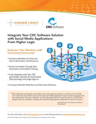 Integrate Your CDC Software Solution
with Social Media Applications
From Higher Logic

Empower Your Members with
Connected Community™

• Connects Members So They Can
  Share Information and Resources

• Drives Innovation Through Idea
  Generation and Problem Solving

• Fully Integrates with Your CDC
  gomembers Solution for Automated
  Data Exchange and Single Sign-on

• Increases Member Retention and Non-Dues Revenue



         CDC Software’s partnership with Higher Logic will propel gomembers’ customers into the Web
         2.0 world. Not only will the social community and mobile application keep members engaged with
         the organization and other members, but the data gathered from social interaction will provide a
         deeper view into members’ interests and mold the organization’s objectives for years to come.
                                                                                                  Lester McHargue, Vice President of Alliances
                                                                                                  CDC Software




For more information, visit www.higherlogic.com or email CDC gomembers at gomembers@cdcsoftware.com
© 2011-2012 Higher Logic. All rights reserved. All trademarks are the property of their owners.
 