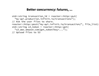 Better concurrency: futures, ...
std::string transaction_id = reactor::http::put(
"my-api.production.infinit.io/transactions");
// Ask the user files to share.
reactor::http::post("my-api.infinit.io/transaction/", file_list);
std::string s3_token = reactor::http::get(
"s3.aws.amazon.com/get_token?key=...");
// Upload files to S3
 