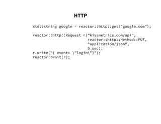 HTTP
std::string google = reactor::http::get("google.com");
reactor::http::Request r("kissmetrics.com/api",
reactor::http::Method::PUT,
"application/json",
5_sec);
r.write("{ event: "login"}");
reactor::wait(r);
 