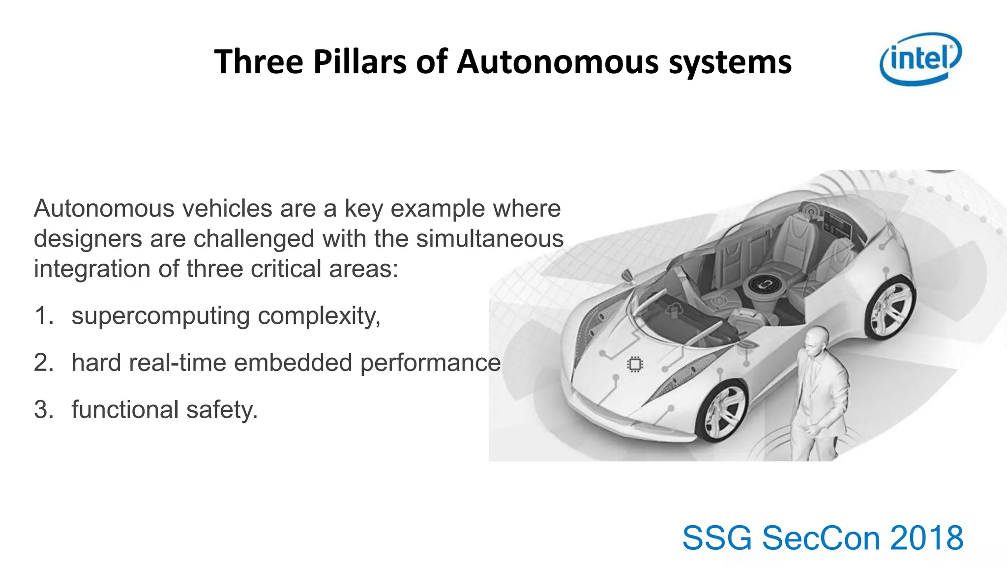 SSG SecCon 2018
Three Pillars of Autonomous systems
Autonomous vehicles are a key example where
designers are challenged with the simultaneous
integration of three critical areas:
1. supercomputing complexity,
2. hard real-time embedded performance
3. functional safety.
 
