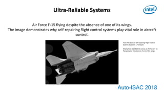 Auto-ISAC 2018
Ultra-Reliable Systems
Air Force F-15 flying despite the absence of one of its wings.
The image demonstrates why self-repairing flight control systems play vital role in aircraft
control.
From The Story of Self-repairing Flight Control
Systems by James E. Tomayko
NASA photo (EC 88203-6) shows an Air Force F-15
flying despite the absence of one of the wings.
 