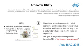 Auto-ISAC 2018
I always talk about this to folks at Microsoft, especially to developers. What’s the most important operating system you’ll write
applications for? Ain’t Windows, or the Macintosh, or Linux. It’s Homo Sapiens Version 1.0. It shipped about a hundred thousand
years ago. There’s no upgrade in sight. But it’s the one that runs everything.
– Bill Buxton from Microsoft Research
Economic Utility
There is an axiom in economics called
economic utility, it says that feature value
with time tend to zero. As soon as you put
a feature (product) on a shelf it starts to
depreciate.
The goal of any well-defined process
including SDL is ‘continuous improvement’.
 
