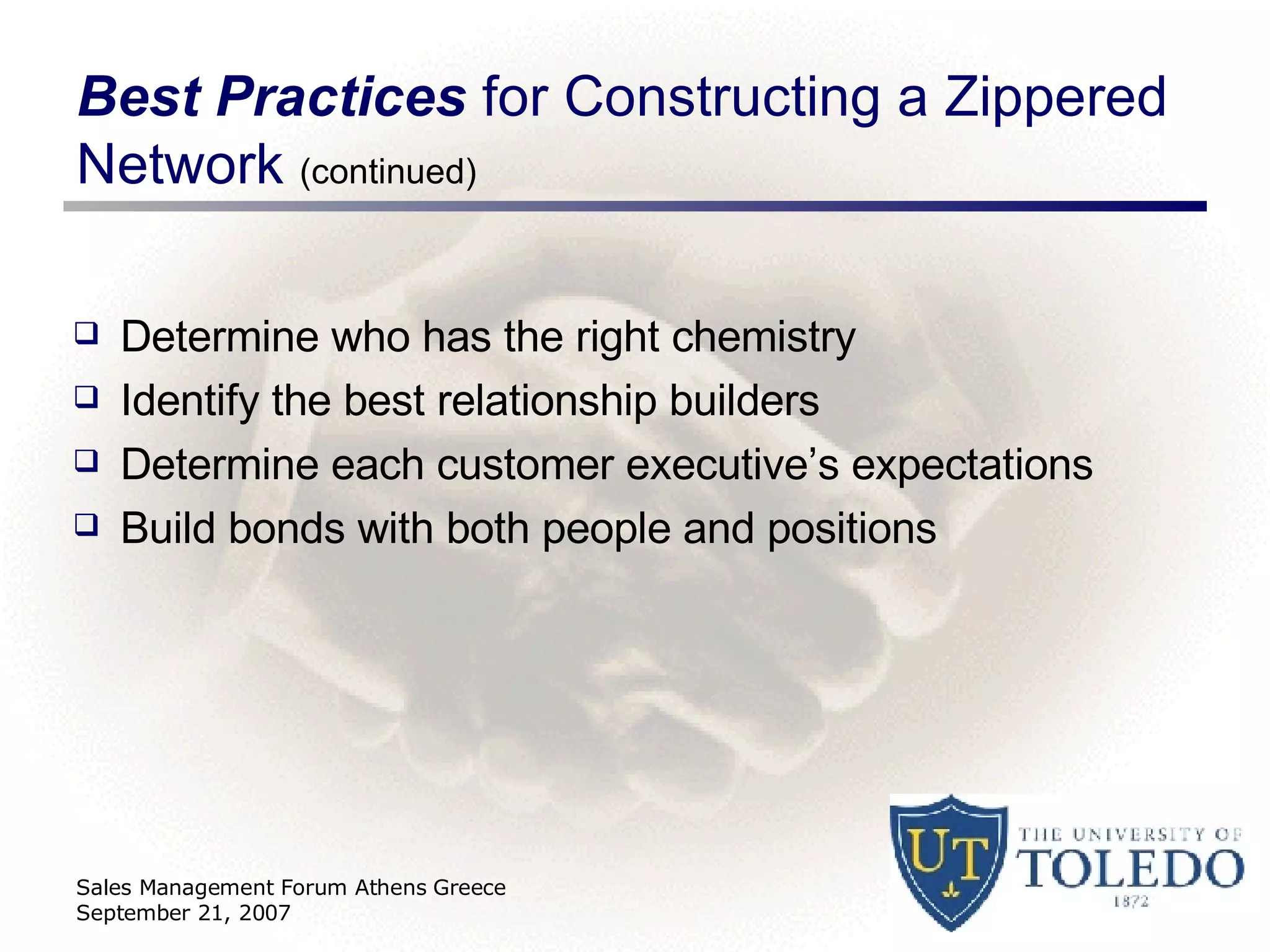 Best Practices  for Constructing a Zippered Network  (continued) Determine who has the right chemistry Identify the best relationship builders Determine each customer executive’s expectations Build bonds with both people and positions Sales Management Forum Athens Greece September 21, 2007 