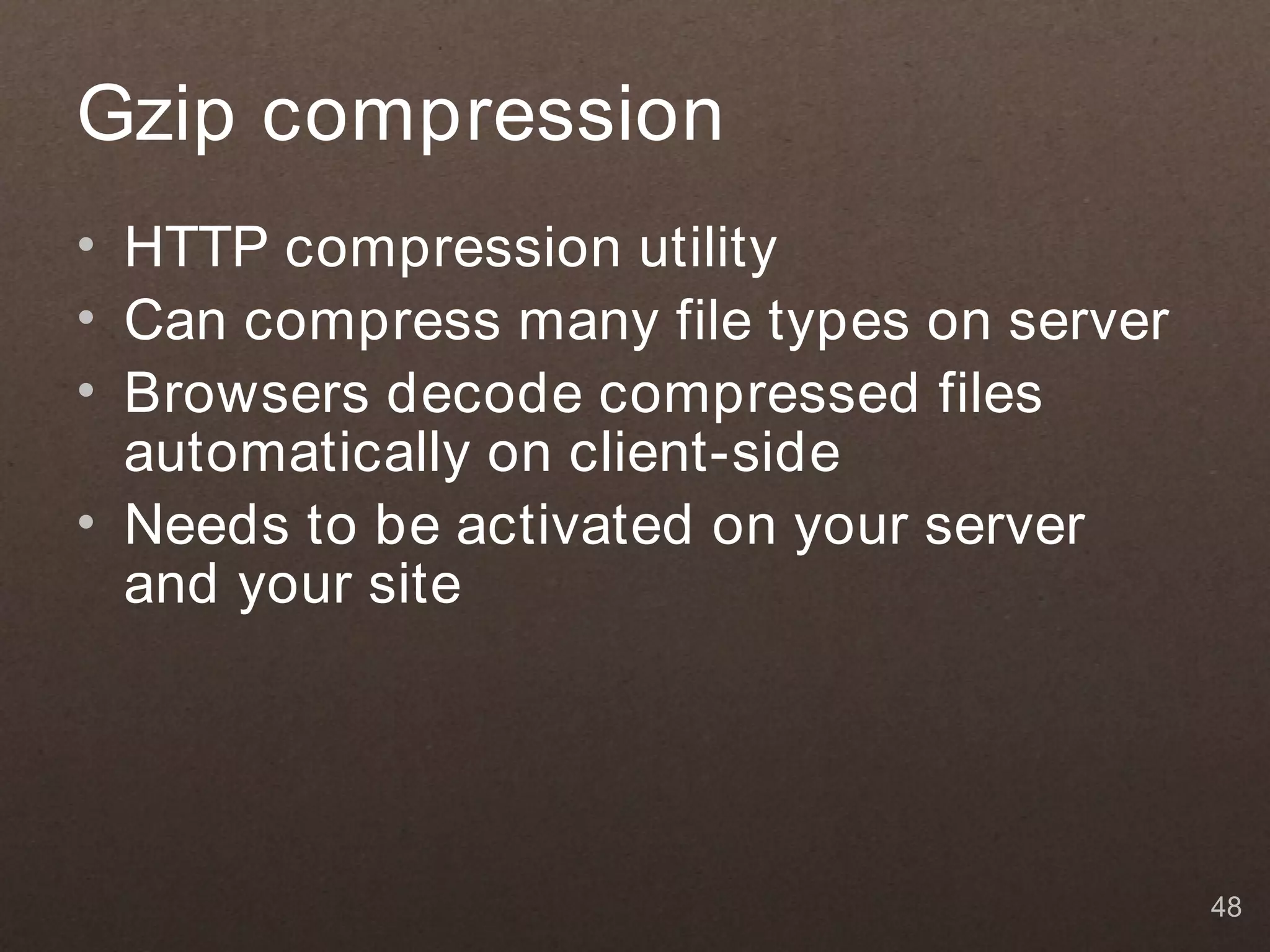 Gzip compression
• HTTP compression utility
• Can compress many file types on server
• Browsers decode compressed files
  automatically on client-side
• Needs to be activated on your server
  and your site




                                           48
 