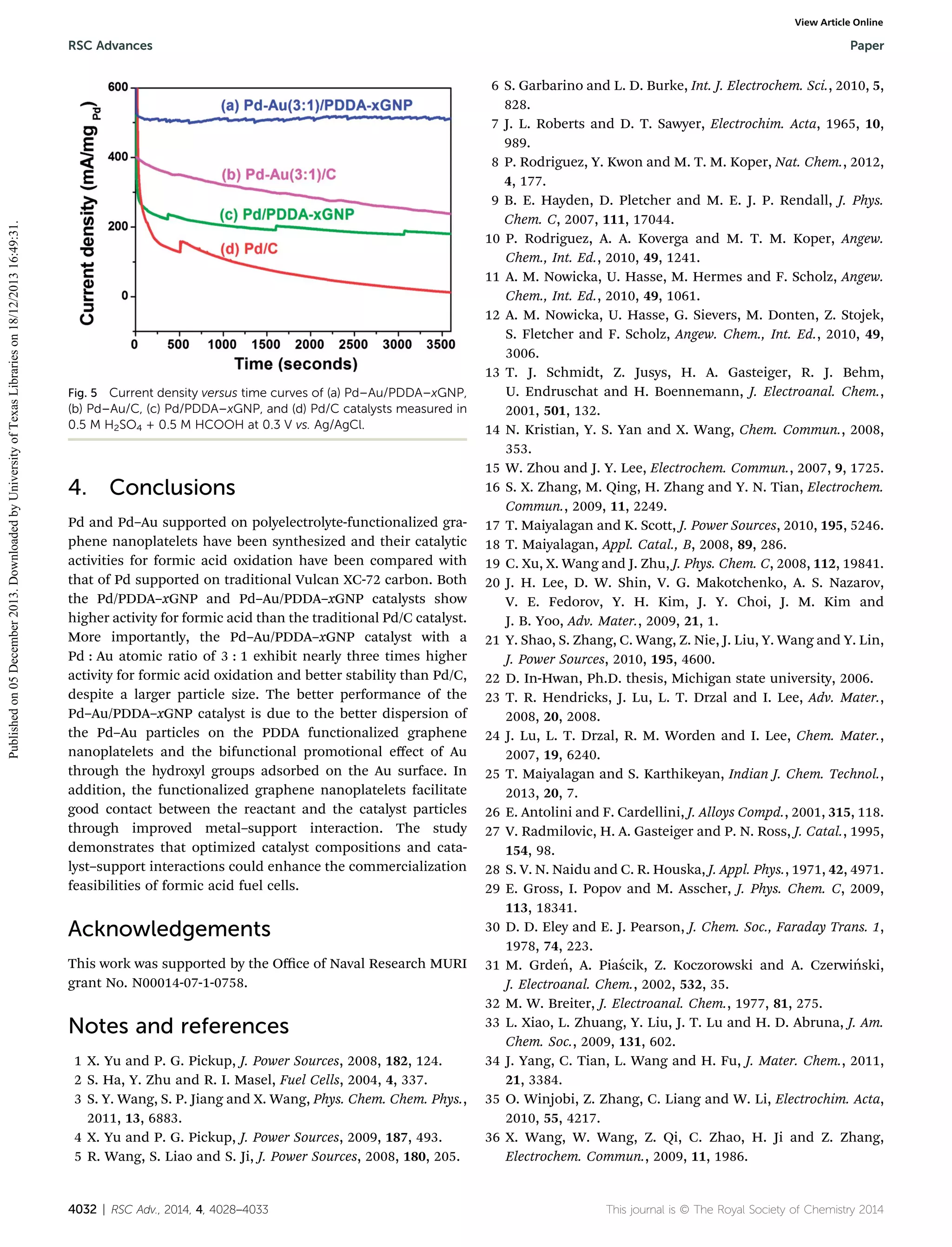 View Article Online

Published on 05 December 2013. Downloaded by University of Texas Libraries on 18/12/2013 16:49:31.

RSC Advances

Current density versus time curves of (a) Pd–Au/PDDA–xGNP,
(b) Pd–Au/C, (c) Pd/PDDA–xGNP, and (d) Pd/C catalysts measured in
0.5 M H2SO4 + 0.5 M HCOOH at 0.3 V vs. Ag/AgCl.

Fig. 5

4. Conclusions
Pd and Pd–Au supported on polyelectrolyte-functionalized graphene nanoplatelets have been synthesized and their catalytic
activities for formic acid oxidation have been compared with
that of Pd supported on traditional Vulcan XC-72 carbon. Both
the Pd/PDDA–xGNP and Pd–Au/PDDA–xGNP catalysts show
higher activity for formic acid than the traditional Pd/C catalyst.
More importantly, the Pd–Au/PDDA–xGNP catalyst with a
Pd : Au atomic ratio of 3 : 1 exhibit nearly three times higher
activity for formic acid oxidation and better stability than Pd/C,
despite a larger particle size. The better performance of the
Pd–Au/PDDA–xGNP catalyst is due to the better dispersion of
the Pd–Au particles on the PDDA functionalized graphene
nanoplatelets and the bifunctional promotional eﬀect of Au
through the hydroxyl groups adsorbed on the Au surface. In
addition, the functionalized graphene nanoplatelets facilitate
good contact between the reactant and the catalyst particles
through improved metal–support interaction. The study
demonstrates that optimized catalyst compositions and catalyst–support interactions could enhance the commercialization
feasibilities of formic acid fuel cells.

Acknowledgements
This work was supported by the Oﬃce of Naval Research MURI
grant No. N00014-07-1-0758.

Notes and references
1 X. Yu and P. G. Pickup, J. Power Sources, 2008, 182, 124.
2 S. Ha, Y. Zhu and R. I. Masel, Fuel Cells, 2004, 4, 337.
3 S. Y. Wang, S. P. Jiang and X. Wang, Phys. Chem. Chem. Phys.,
2011, 13, 6883.
4 X. Yu and P. G. Pickup, J. Power Sources, 2009, 187, 493.
5 R. Wang, S. Liao and S. Ji, J. Power Sources, 2008, 180, 205.

4032 | RSC Adv., 2014, 4, 4028–4033

Paper

6 S. Garbarino and L. D. Burke, Int. J. Electrochem. Sci., 2010, 5,
828.
7 J. L. Roberts and D. T. Sawyer, Electrochim. Acta, 1965, 10,
989.
8 P. Rodriguez, Y. Kwon and M. T. M. Koper, Nat. Chem., 2012,
4, 177.
9 B. E. Hayden, D. Pletcher and M. E. J. P. Rendall, J. Phys.
Chem. C, 2007, 111, 17044.
10 P. Rodriguez, A. A. Koverga and M. T. M. Koper, Angew.
Chem., Int. Ed., 2010, 49, 1241.
11 A. M. Nowicka, U. Hasse, M. Hermes and F. Scholz, Angew.
Chem., Int. Ed., 2010, 49, 1061.
12 A. M. Nowicka, U. Hasse, G. Sievers, M. Donten, Z. Stojek,
S. Fletcher and F. Scholz, Angew. Chem., Int. Ed., 2010, 49,
3006.
13 T. J. Schmidt, Z. Jusys, H. A. Gasteiger, R. J. Behm,
U. Endruschat and H. Boennemann, J. Electroanal. Chem.,
2001, 501, 132.
14 N. Kristian, Y. S. Yan and X. Wang, Chem. Commun., 2008,
353.
15 W. Zhou and J. Y. Lee, Electrochem. Commun., 2007, 9, 1725.
16 S. X. Zhang, M. Qing, H. Zhang and Y. N. Tian, Electrochem.
Commun., 2009, 11, 2249.
17 T. Maiyalagan and K. Scott, J. Power Sources, 2010, 195, 5246.
18 T. Maiyalagan, Appl. Catal., B, 2008, 89, 286.
19 C. Xu, X. Wang and J. Zhu, J. Phys. Chem. C, 2008, 112, 19841.
20 J. H. Lee, D. W. Shin, V. G. Makotchenko, A. S. Nazarov,
V. E. Fedorov, Y. H. Kim, J. Y. Choi, J. M. Kim and
J. B. Yoo, Adv. Mater., 2009, 21, 1.
21 Y. Shao, S. Zhang, C. Wang, Z. Nie, J. Liu, Y. Wang and Y. Lin,
J. Power Sources, 2010, 195, 4600.
22 D. In-Hwan, Ph.D. thesis, Michigan state university, 2006.
23 T. R. Hendricks, J. Lu, L. T. Drzal and I. Lee, Adv. Mater.,
2008, 20, 2008.
24 J. Lu, L. T. Drzal, R. M. Worden and I. Lee, Chem. Mater.,
2007, 19, 6240.
25 T. Maiyalagan and S. Karthikeyan, Indian J. Chem. Technol.,
2013, 20, 7.
26 E. Antolini and F. Cardellini, J. Alloys Compd., 2001, 315, 118.
27 V. Radmilovic, H. A. Gasteiger and P. N. Ross, J. Catal., 1995,
154, 98.
28 S. V. N. Naidu and C. R. Houska, J. Appl. Phys., 1971, 42, 4971.
29 E. Gross, I. Popov and M. Asscher, J. Phys. Chem. C, 2009,
113, 18341.
30 D. D. Eley and E. J. Pearson, J. Chem. Soc., Faraday Trans. 1,
1978, 74, 223.
31 M. Grde´ , A. Pia´cik, Z. Koczorowski and A. Czerwi´ ski,
n
s
n
J. Electroanal. Chem., 2002, 532, 35.
32 M. W. Breiter, J. Electroanal. Chem., 1977, 81, 275.
33 L. Xiao, L. Zhuang, Y. Liu, J. T. Lu and H. D. Abruna, J. Am.
Chem. Soc., 2009, 131, 602.
34 J. Yang, C. Tian, L. Wang and H. Fu, J. Mater. Chem., 2011,
21, 3384.
35 O. Winjobi, Z. Zhang, C. Liang and W. Li, Electrochim. Acta,
2010, 55, 4217.
36 X. Wang, W. Wang, Z. Qi, C. Zhao, H. Ji and Z. Zhang,
Electrochem. Commun., 2009, 11, 1986.

This journal is © The Royal Society of Chemistry 2014

 