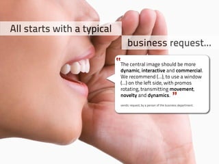 All starts with a typical
                                  business request...
                            ”The central image should be more
                             dynamic, interactive and commercial.
                             We recommend (...), to use a window
                             (...) on the left side, with promos
                             rotating, transmitting movement,
                             novelty and dynamics.
                                                                    ”
                             veridic request, by a person of the business department.
 