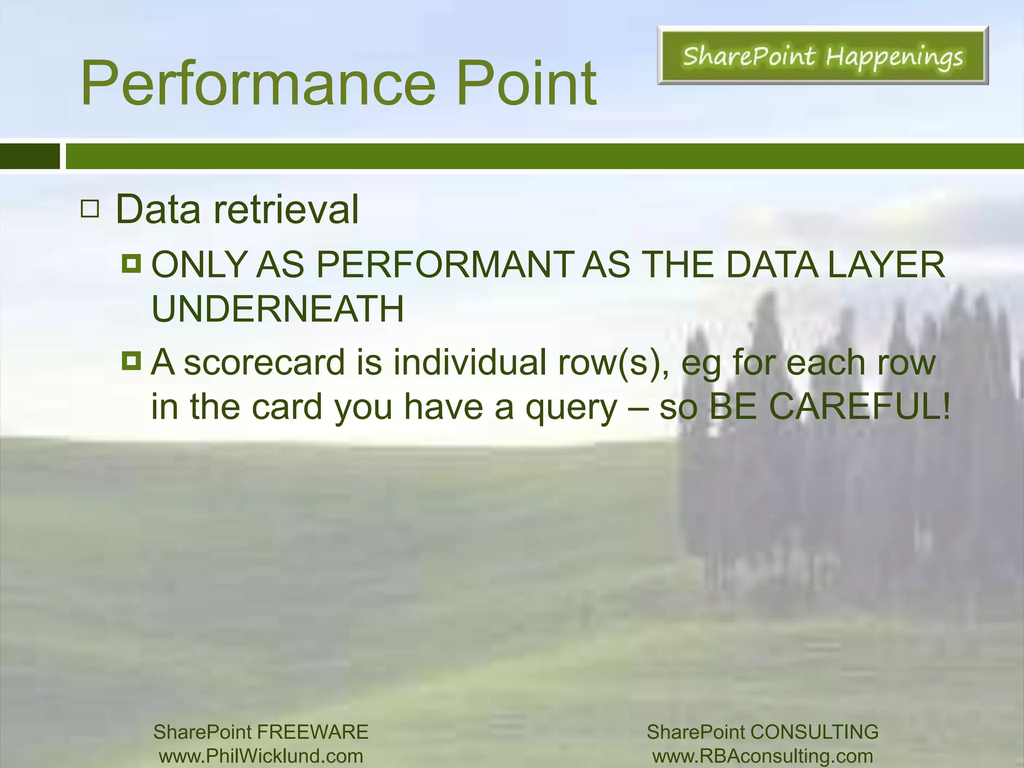 Excel Services &PowerPivot1 Technology, 2 tools: PP for SharePoint & PP for ExcelLoad BalancingRound robinHealth basedMem firstCPU secondCached files will greatly affect the selection of the final target serverFile size relates to RAM on client/server2x ratio (if file is 1GB, account for 2GB ram)PP is NOT claims aware - can't run on a web app that is setup as claims - only works in Classic modeSharePoint FREEWAREwww.PhilWicklund.com SharePoint CONSULTINGwww.RBAconsulting.com