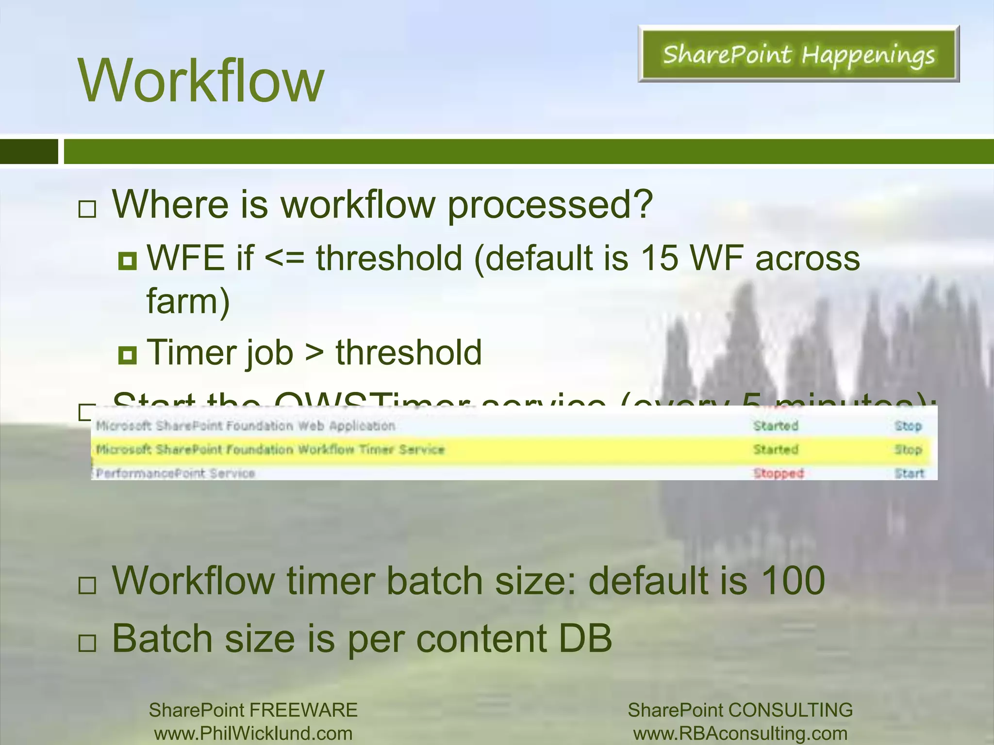 Performance PointData retrievalONLY AS PERFORMANT AS THE DATA LAYER UNDERNEATHA scorecard is individual row(s), eg for each row in the card you have a query – so BE CAREFUL!SharePoint FREEWAREwww.PhilWicklund.com SharePoint CONSULTINGwww.RBAconsulting.com