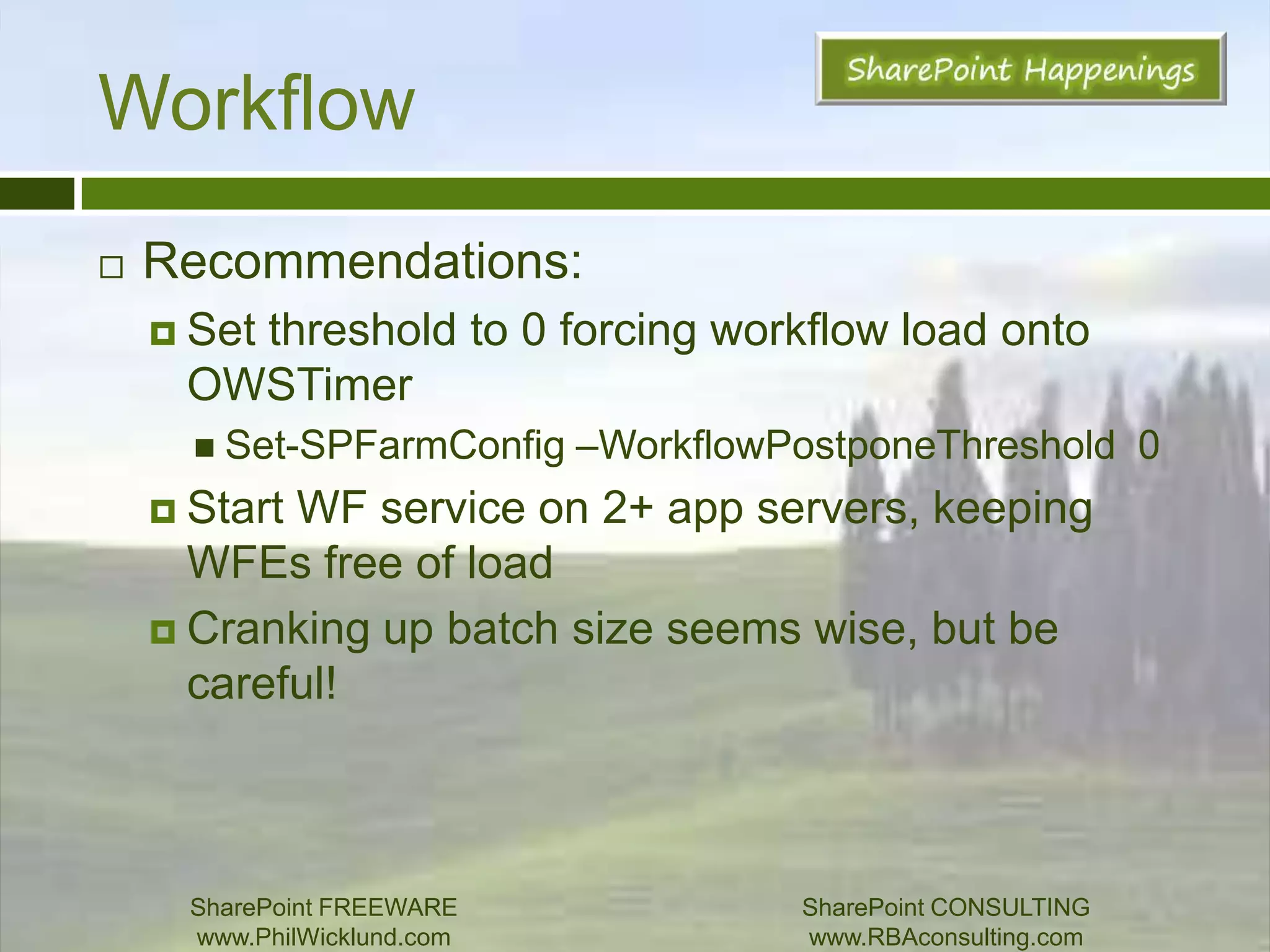 Office Web AppsTakes an Office doc and converts it to HTML/CSS/JS/ImagesCheck cache > SA gets doc > SA spins up WP to convert > store in cache > RenderIncludes Word, PowerPoint, and Visio servicesRESOURCE INTENSE!Worker process for each sessionEach doc cached in memory and temporarily to diskSharePoint FREEWAREwww.PhilWicklund.com SharePoint CONSULTINGwww.RBAconsulting.com