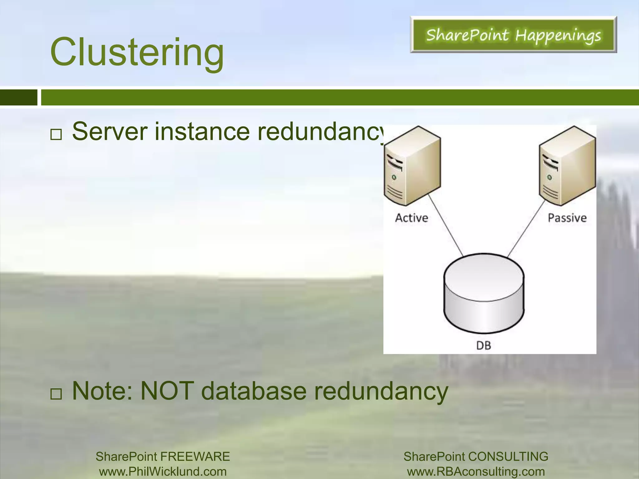 WorkflowRecommendations:Set threshold to 0 forcing workflow load onto OWSTimerSet-SPFarmConfig –WorkflowPostponeThreshold  0Start WF service on 2+ app servers, keeping WFEs free of loadCranking up batch size seems wise, but be careful!SharePoint FREEWAREwww.PhilWicklund.com SharePoint CONSULTINGwww.RBAconsulting.com
