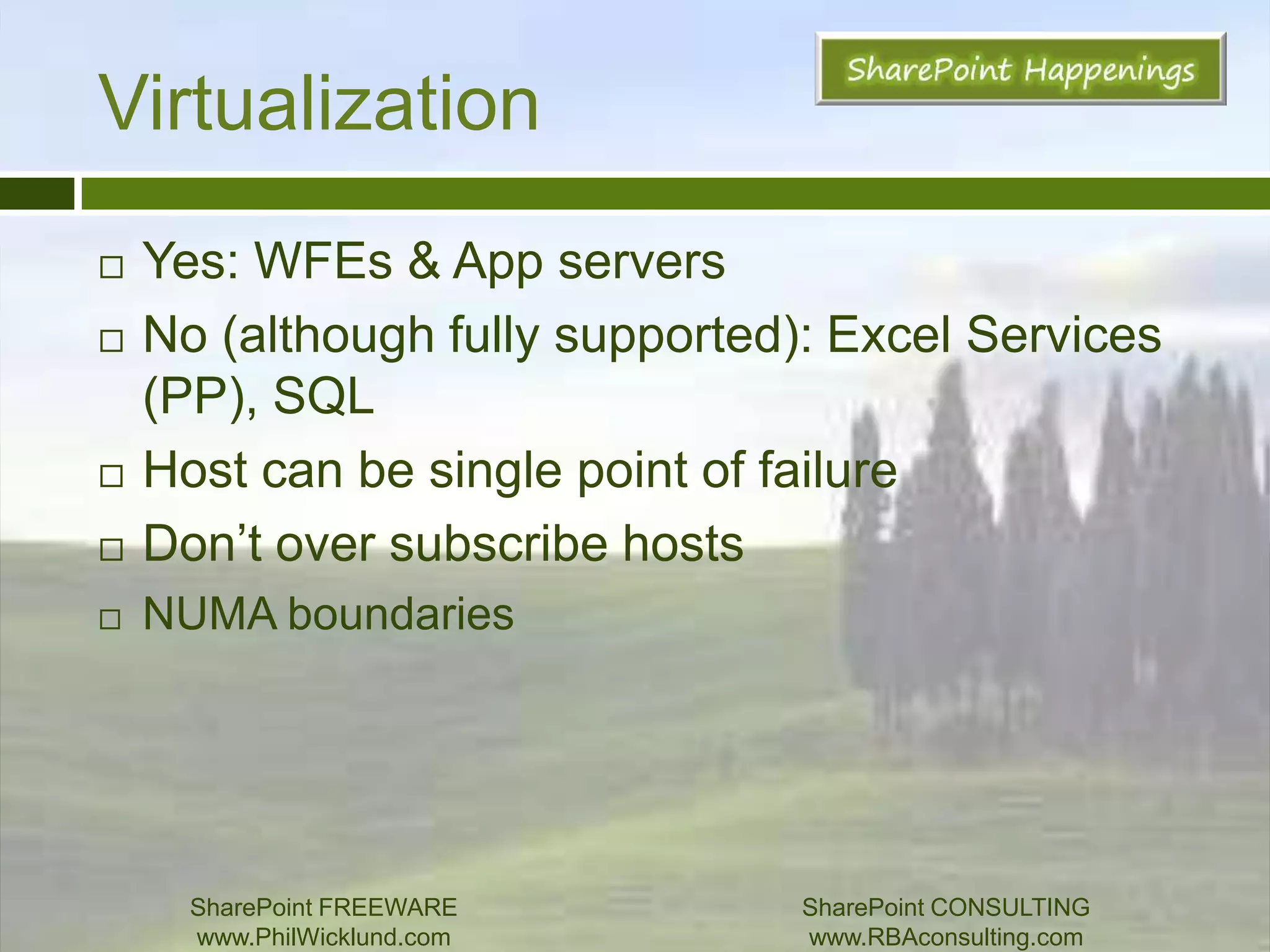 Log ShippingSend log and forgetGood for test and stage environmentsGood for PATCHING!(next slide)SharePoint FREEWAREwww.PhilWicklund.com SharePoint CONSULTINGwww.RBAconsulting.com