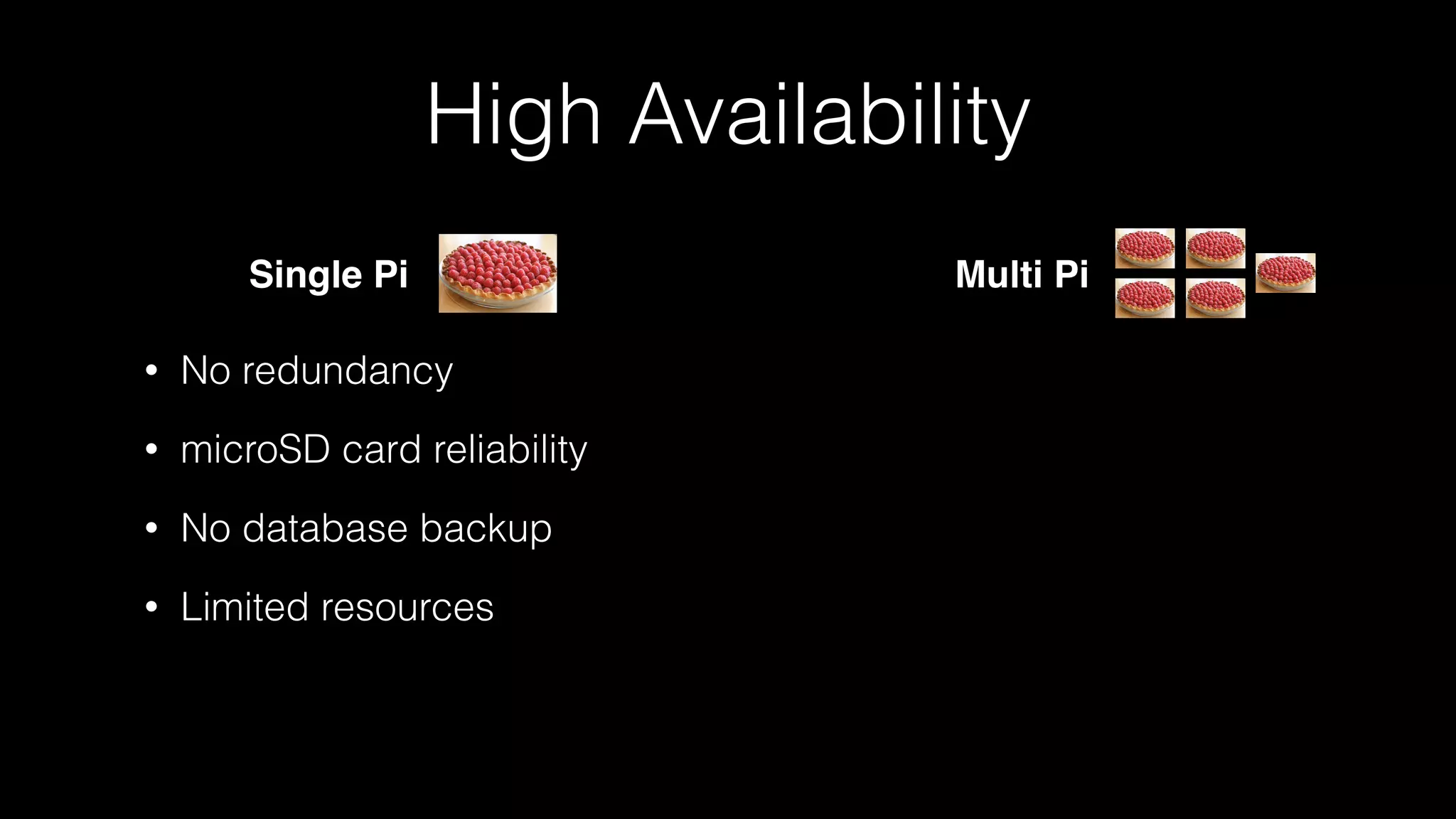 • No redundancy
• microSD card reliability
• No database backup
• Limited resources
High Availability
Single Pi Multi Pi
 