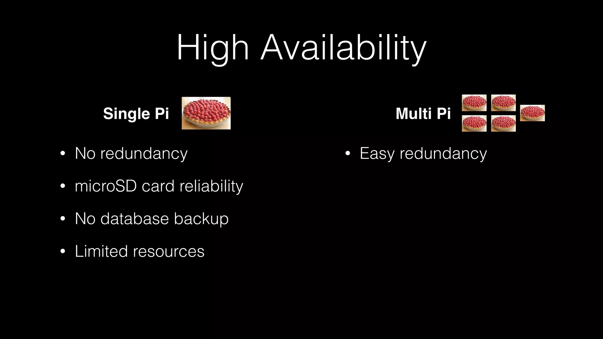 • Easy redundancy• No redundancy
• microSD card reliability
• No database backup
• Limited resources
High Availability
Single Pi Multi Pi
 