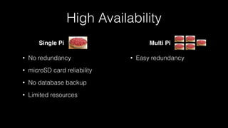 • Easy redundancy• No redundancy
• microSD card reliability
• No database backup
• Limited resources
High Availability
Single Pi Multi Pi
 