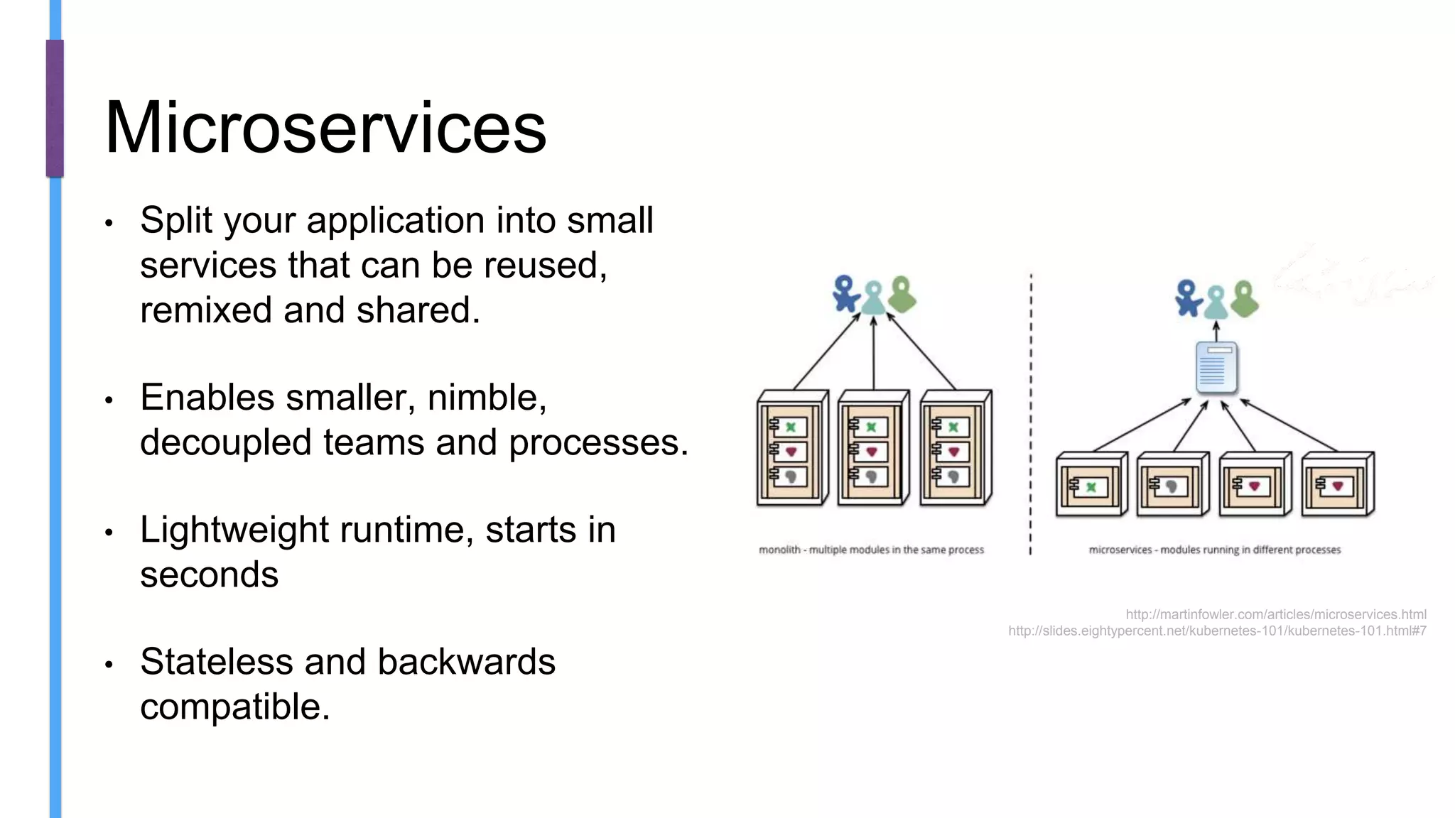 • Split your application into small
services that can be reused,
remixed and shared.
• Enables smaller, nimble,
decoupled teams and processes.
• Lightweight runtime, starts in
seconds
• Stateless and backwards
compatible.
Microservices
http://martinfowler.com/articles/microservices.html
http://slides.eightypercent.net/kubernetes-101/kubernetes-101.html#7
 