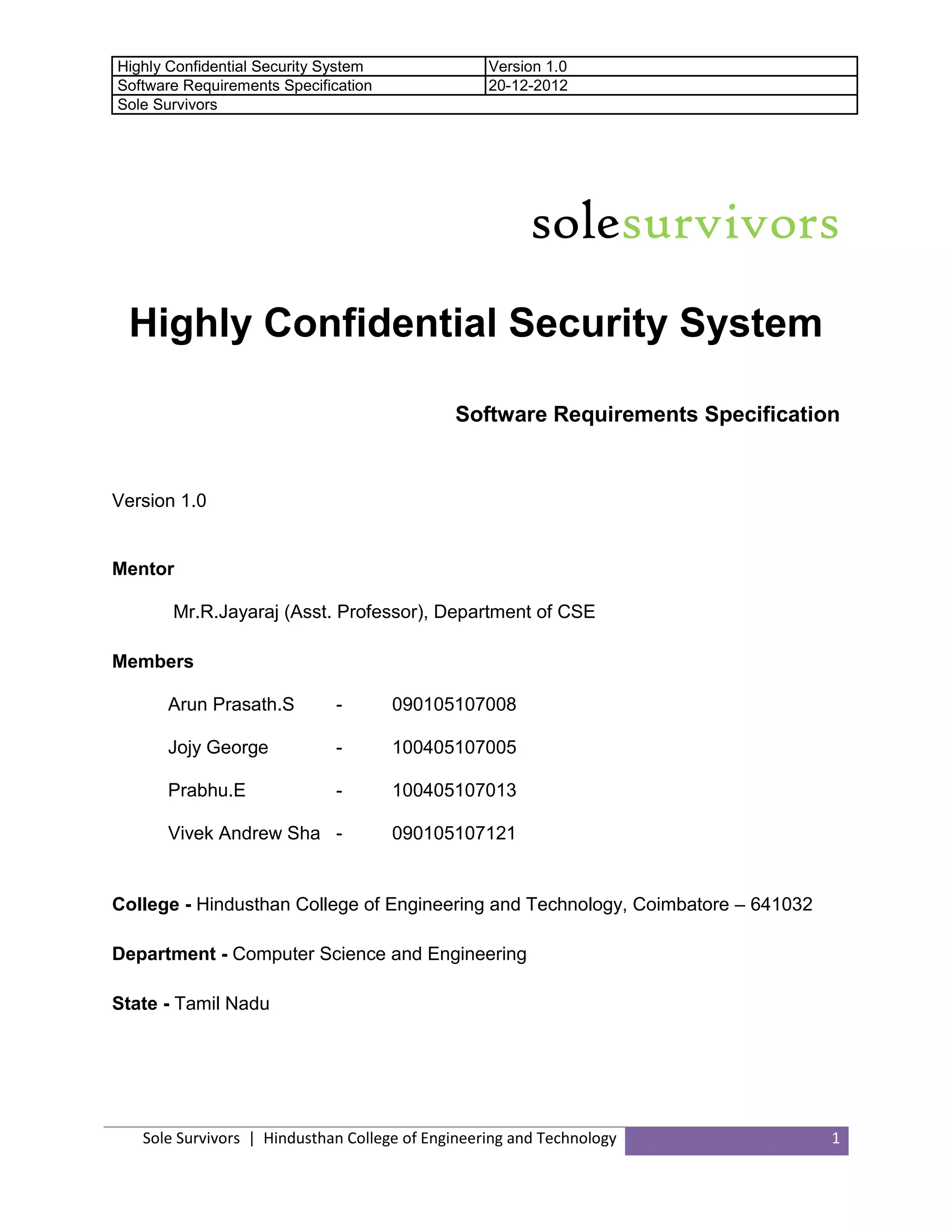 Highly Confidential Security System Sole Survivors Srs Pdf