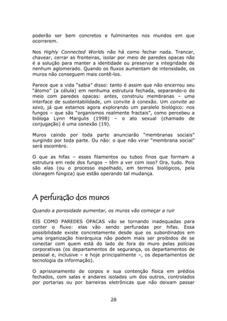 poderão ser bem concretos e fulminantes nos mundos em que
ocorrerem.

Nos Highly Connected Worlds não há como fechar nada. Trancar,
chavear, cerrar as fronteiras, isolar por meio de paredes opacas não
é a solução para manter a identidade ou preservar a integridade de
nenhum aglomerado. Quando os fluxos aumentam de intensidade, os
muros não conseguem mais contê-los.

Parece que a vida “sabia” disso: tanto é assim que não encerrou seu
“átomo” (a célula) em nenhuma estrutura fechada, separando-o do
meio com paredes opacas: antes, construiu membranas – uma
interface de sustentabilidade, um convite à conexão. Um convite ao
sexo, já que estamos agora explorando um paralelo biológico: nos
fungos – que são “organismos realmente fractais”, como percebeu a
bióloga Lynn Margulis (1998) – o ato sexual (chamado de
conjugação) é uma conexão (19).

Muros caindo por toda parte anunciarão “membranas sociais”
surgindo por toda parte. Ou não: o que não virar “membrana social”
será escombro.

O que as hifas – esses filamentos ou tubos finos que formam a
estrutura em rede dos fungos – têm a ver com isso? Ora, tudo. Pois
são elas (ou o processo espelhado, em termos biológicos, pela
clonagem fúngica) que estão operando tal mudança.




A perfuração dos muros
Quando a porosidade aumentar, os muros vão começar a ruir

EIS COMO PAREDES OPACAS vão se tornando inadequadas para
conter o fluxo: elas vão sendo perfuradas por hifas. Essa
possibilidade existe concretamente desde que os subordinados em
uma organização hierárquica não podem mais ser proibidos de se
conectar com quem está do lado de fora do muro pelas polícias
corporativas (os departamentos de segurança, os departamentos de
pessoal e, inclusive – e hoje principalmente –, os departamentos de
tecnologia da informação).

O aprisionamento de corpos e sua contenção física em prédios
fechados, com salas e andares isolados um dos outros, controlados
por portarias ou por barreiras eletrônicas que não deixam passar


                                28
 
