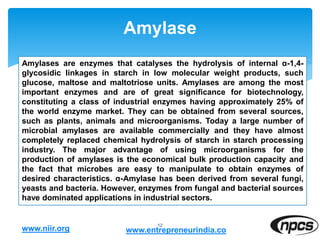 Amylase
12
Amylases are enzymes that catalyses the hydrolysis of internal α-1,4-
glycosidic linkages in starch in low molecular weight products, such
glucose, maltose and maltotriose units. Amylases are among the most
important enzymes and are of great significance for biotechnology,
constituting a class of industrial enzymes having approximately 25% of
the world enzyme market. They can be obtained from several sources,
such as plants, animals and microorganisms. Today a large number of
microbial amylases are available commercially and they have almost
completely replaced chemical hydrolysis of starch in starch processing
industry. The major advantage of using microorganisms for the
production of amylases is the economical bulk production capacity and
the fact that microbes are easy to manipulate to obtain enzymes of
desired characteristics. α-Amylase has been derived from several fungi,
yeasts and bacteria. However, enzymes from fungal and bacterial sources
have dominated applications in industrial sectors.
www.niir.org www.entrepreneurindia.co
 