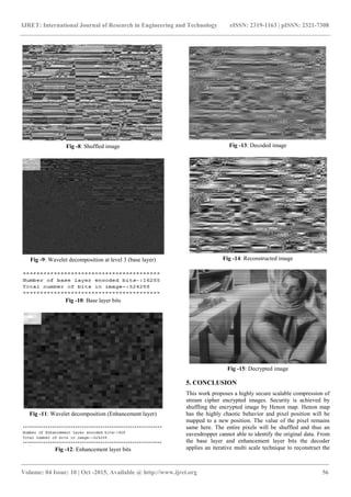 IJRET: International Journal of Research in Engineering and Technology eISSN: 2319-1163 | pISSN: 2321-7308
_______________________________________________________________________________________
Volume: 04 Issue: 10 | Oct -2015, Available @ http://www.ijret.org 56
Fig -8: Shuffled image
Fig -9: Wavelet decomposition at level 3 (base layer)
Fig -10: Base layer bits
Fig -11: Wavelet decomposition (Enhancement layer)
Fig -12: Enhancement layer bits
Fig -13: Decoded image
Fig -14: Reconstructed image
Fig -15: Decrypted image
5. CONCLUSION
This work proposes a highly secure scalable compression of
stream cipher encrypted images. Security is achieved by
shuffling the encrypted image by Henon map. Henon map
has the highly chaotic behavior and pixel position will be
mapped to a new position. The value of the pixel remains
same here. The entire pixels will be shuffled and thus an
eavesdropper cannot able to identify the original data. From
the base layer and enhancement layer bits the decoder
applies an iterative multi scale technique to reconstruct the
 