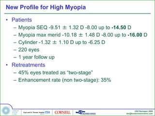 New Profile for High Myopia

• Patients
  –   Myopia SEQ -9.51 ± 1.32 D -8.00 up to -14.50 D
  –   Myopia max merid -10.18 ± 1.48 D -8.00 up to -16.00 D
  –   Cylinder -1.32 ± 1.10 D up to -6.25 D
  –   220 eyes
  –   1 year follow up
• Retreatments
  – 45% eyes treated as “two-stage”
  – Enhancement rate (non two-stage): 35%




                                                         ©DZ Reinstein 2009
                                                  dzr@londonvisionclinic.com
 