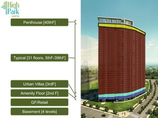 Penthouse [40thF]
Typical [31 floors, 5thF-39thF]
Urban Villas [3rdF]
Amenity Floor [2nd F]
GF/Retail
Basement [4 levels]
 