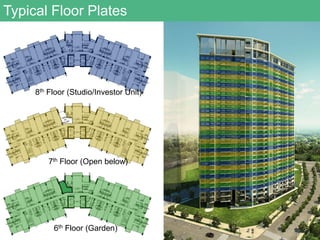 6th Floor (Garden)
7th Floor (Open below)
8th Floor (Studio/Investor Unit)
Typical Floor Plates
 