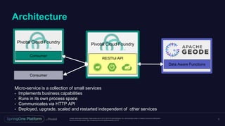 Unless otherwise indicated, these slides are © 2013-2016 Pivotal Software, Inc. and licensed under a Creative Commons Attribution-
NonCommercial license: http://creativecommons.org/licenses/by-nc/3.0/
Architecture
5
Consumer
Consumer
Pivotal Cloud Foundry
Data Aware Functions
RESTful API
Pivotal Cloud Foundry
Micro-service is a collection of small services
- Implements business capabilities
- Runs in its own process space
- Communicates via HTTP API
- Deployed, upgrade, scaled and restarted independent of other services
 