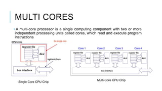 MULTI CORES
• A multi-core processor is a single computing component with two or more
independent processing units called cores, which read and execute program
instructions
Multi-Core CPU Chip
Single Core CPU Chip
 
