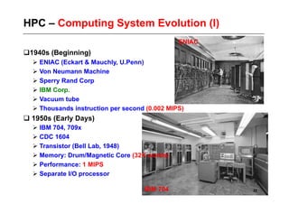 HPC – Computing System Evolution (I)
                                               ENIAC
  940s (Beginning)
 1
   ENIAC (Eckart & Mauchly, U.Penn)
   Von Neumann Machine
   Sperry Rand Corp
   IBM Corp.
   Vacuum tube
   Thousands instruction per second (0.002 MIPS)
 1950s (Early Days)
   IBM 704, 709x
   CDC 1604
   Transistor (Bell Lab, 1948)
   Memory: Drum/Magnetic Core (32K words)
   Performance: 1 MIPS
   Separate I/O processor

                                    IBM 704            22
 