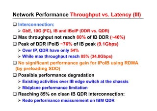 Network Performance Throughput vs. Latency (III)
 Interconnection:
   GbE, 10G (FC), IB and IBoIP (DDR vs. QDR)
 Max throughput not reach 80% of IB DDR (~46%)
 Peak of DDR IPoIB ~76% of IB peak (9.1Gbps)
   Over IP, QDR have only 54%
   While max throughput reach 85% (34.8Gbps)
 No significant performance gain for IPoIB using RDMA
 (by preloading SDO)
 Possible performance degradation
   Existing activities over IB edge switch at the chassis
   Midplane performance limitation
 Reaching 85% on clean IB QDR interconnection:
   Redo performance measurement on IBM QDR
 