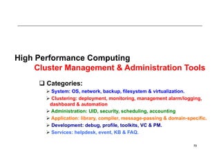 High Performance Computing
     Cluster Management & Administration Tools
      Categories:
        System: OS, network, backup, filesystem & virtualization.
        Clustering: deployment, monitoring, management alarm/logging,
        dashboard & automation
        Administration: UID, security, scheduling, accounting
        Application: library, compiler, message-passing & domain-specific.
        Development: debug, profile, toolkits, VC & PM.
        Services: helpdesk, event, KB & FAQ.

                                                                     73
 