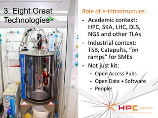 3. Eight Great
Technologies

Role of e-Infrastructure:
- Academic context:
HPC, SKA, LHC, DLS,
NGS and other TLAs
- Industrial context:
TSB, Catapults, “on
ramps” for SMEs
- Not just kit:
- Open Access Pubs
- Open Data + Software
- People!

 