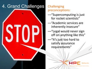 4. Grand Challenges

Challenging
preconceptions:
—“Supercomputing is just
for rocket scientists”
—“Academic services are
inherently insecure”
—“Legal would never sign
off on anything like this”
—“It’s just too hard to
satisfy assurance
requirements”

 