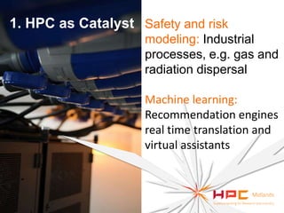 1. HPC as Catalyst Safety and risk
modeling: Industrial
processes, e.g. gas and
radiation dispersal
Machine learning:
Recommendation engines
real time translation and
virtual assistants

 